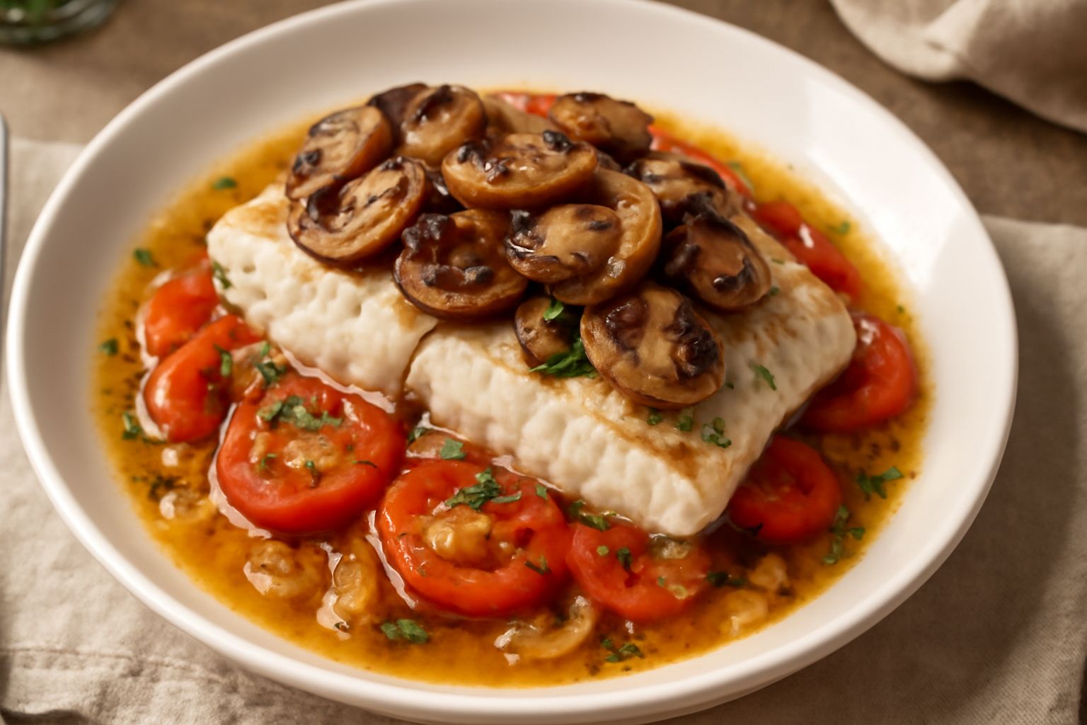 Filetti di carpa dorati al forno in pirofila con funghi champignon affettati, pomodori a spicchi e prezzemolo fresco, circondati da succo di cottura ambrato