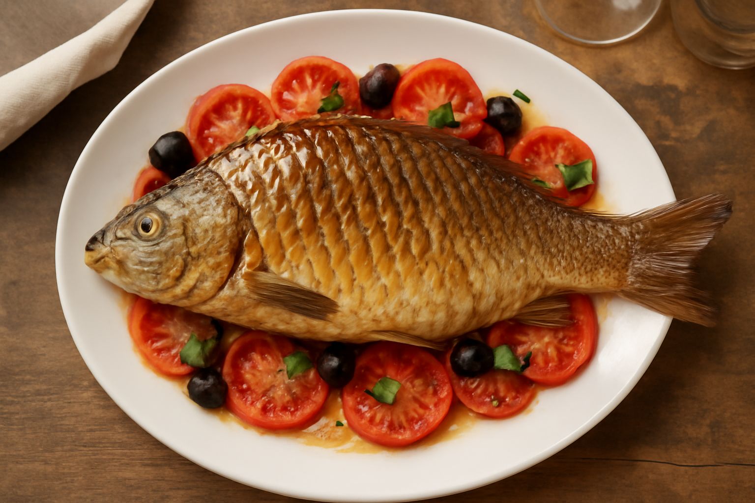 Carpa intera dorata al forno adagiata su pomodori rossi a fette, con olive nere sparse e rametti di prezzemolo fresco, in piatto bianco da portata
