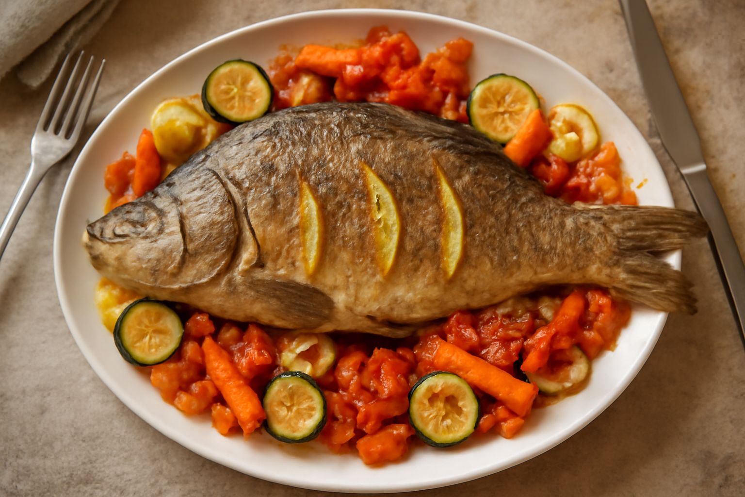 Una carpa intera cotta al forno con scalette di zucchine verdi e gialle, carote tagliate a bastoncini, pomodori rossi e cipolla bianca, su un piatto bianco rotondo con contorno di verdure caramellate 