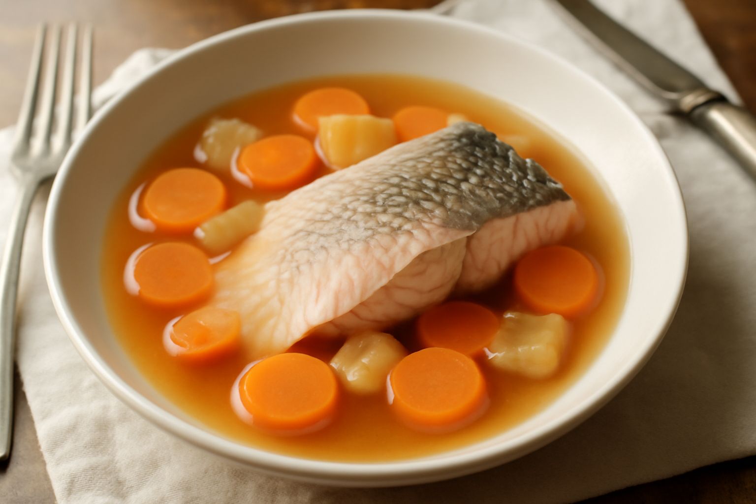 Carpa intera cotta in brodo fumante, con verdure tagliate a rondelle (carota arancione, sedano bianco) intorno al pesce, fette di limone come guarnizione, in un piatto bianco fondo con cucchiaio di br