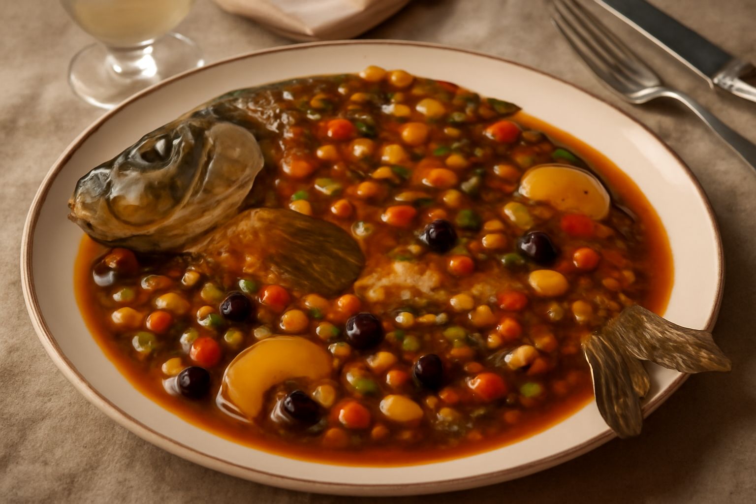 Una carpa intera cotta disposta su piatto bianco, ricoperta da salsa agrodolce marrone con verdure a dadini, pistacchio sgusciato, mandorle pelate e fette di mostarda colorata; accanto peperoni rossi 