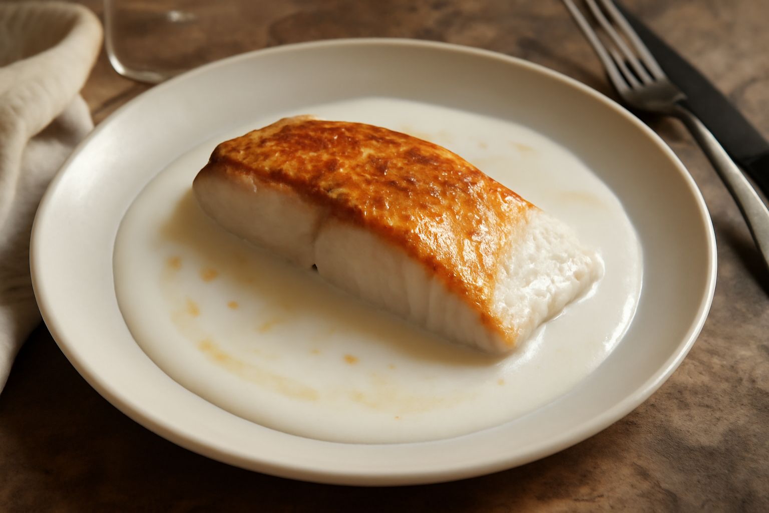 Un filetto di carpa impiattato in bianco con salsa cremosa, decorato con prezzemolo fresco e accompagnato da contorni di verdure cotte al vapore