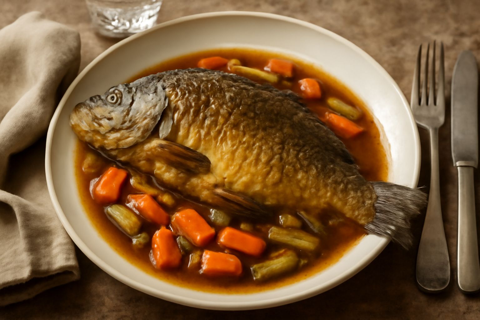 Carpa intera cotta nel piatto bianco con salsa brunitra a base di acciughe, contornata da verdure morbide e brodo, servita calda con prezzemolo fresco