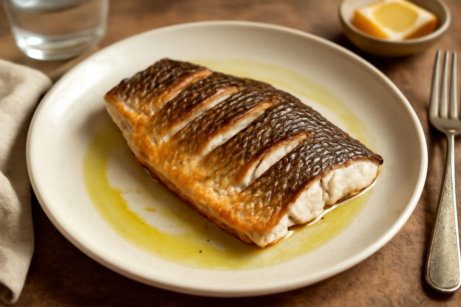 Carpa intera cucinata alla piastra, dorata ai lati, servita su un piatto bianco con fettine di limone, rametti di rosmarino fresco e olio d'oliva intorno