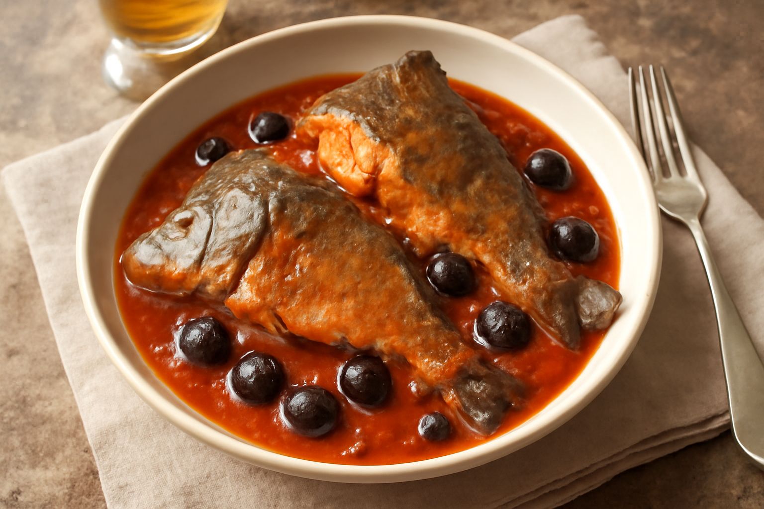 Carpa intera cotta in umido con pomodori rossi, olive nere e prezzemolo fresco, servita in piatto bianco con salsa rossa intorno, contorno di verdure grigliate a lato