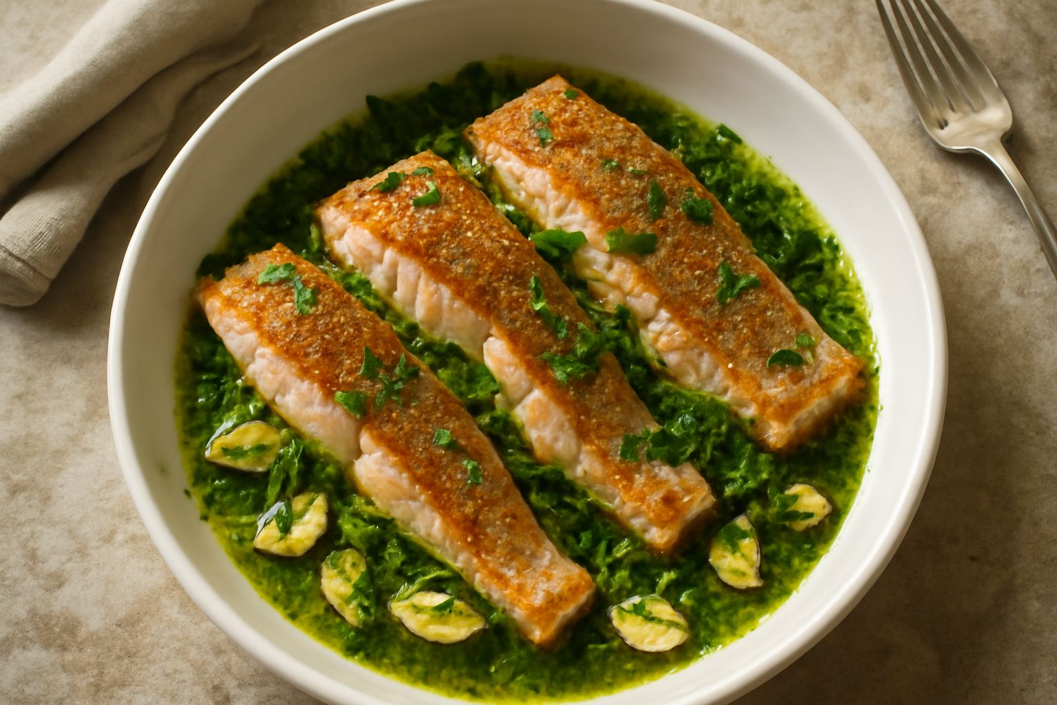 Filetti di carpa dorata in padella con aglio affettato e prezzemolo fresco verde su fondo di acciaio lucido, vapore leggero, piatto bianco rotondo con limone a fette