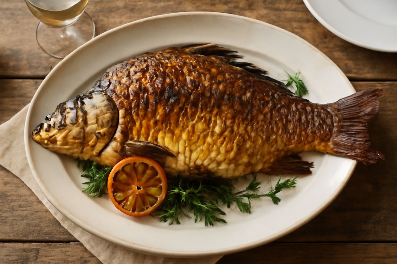 Una carpa intera arrostita in teglia, pelle dorata e croccante, ripiena di fette di limone e rametti di rosmarino, contorno di verdure grigliate leggermente caramellate