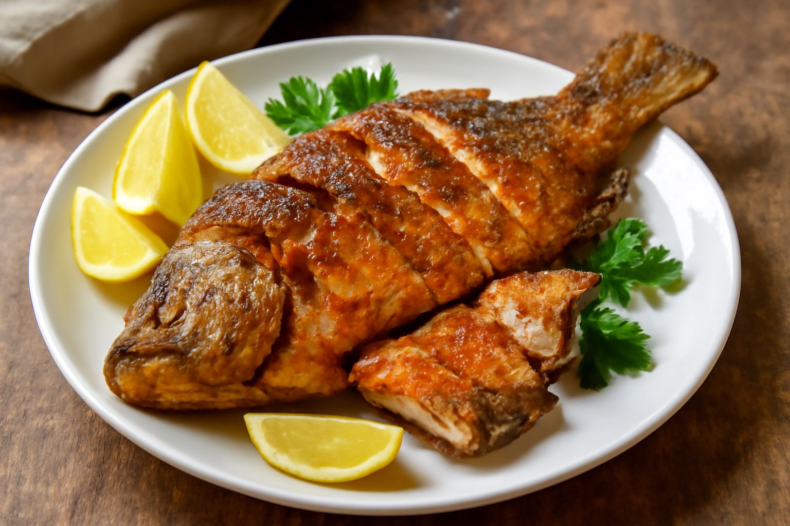 Intera carpa fritta dorata e croccante nel piatto bianco, contornata da fettine di limone fresco e un ciuffo di prezzemolo verde, olio lucido sulla superficie