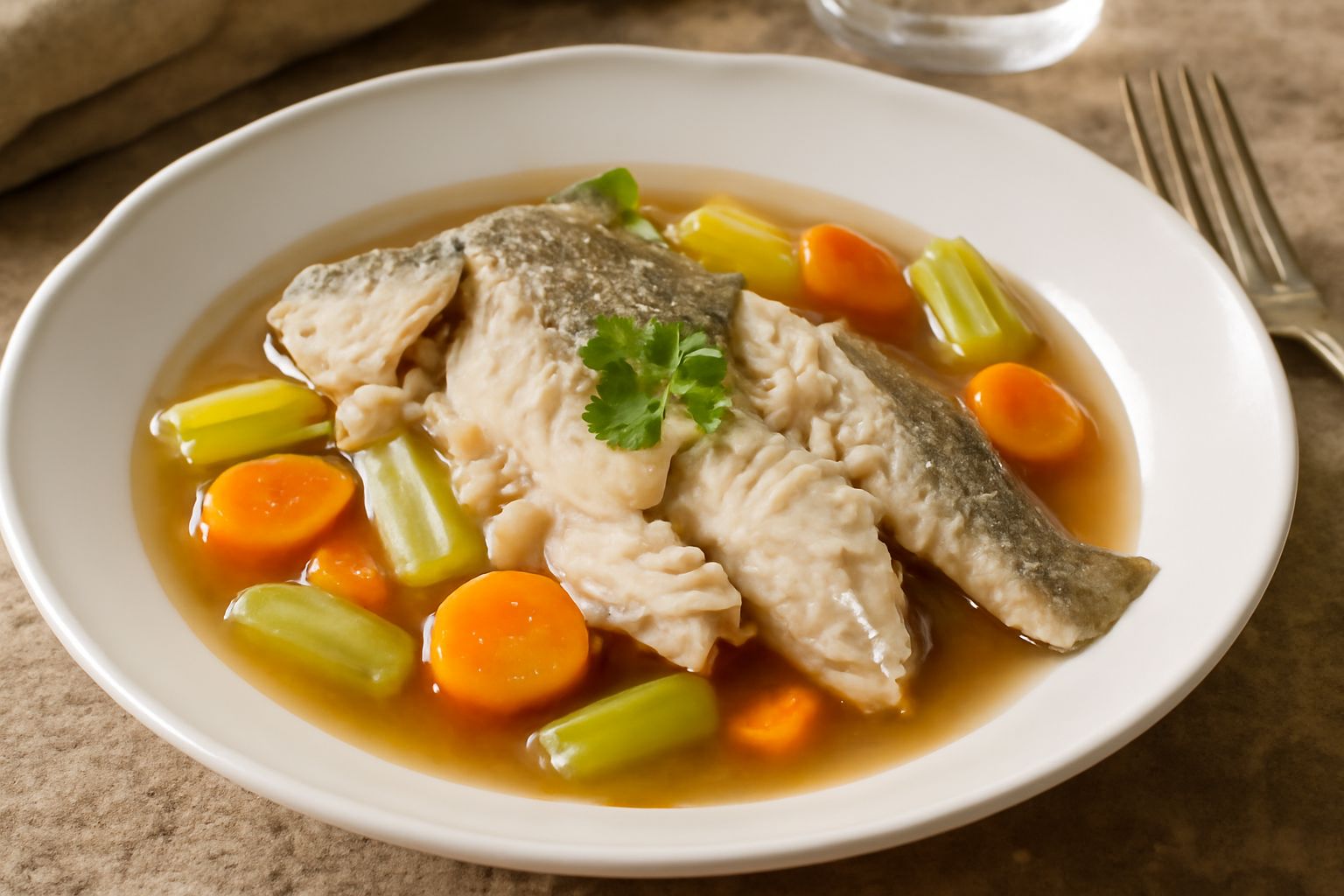 Carpa intera bianca cotta nel suo brodo, circondata da fette di limone, prezzemolo fresco e fili di verdura, servita in un piatto fondo bianco con il liquido di cottura