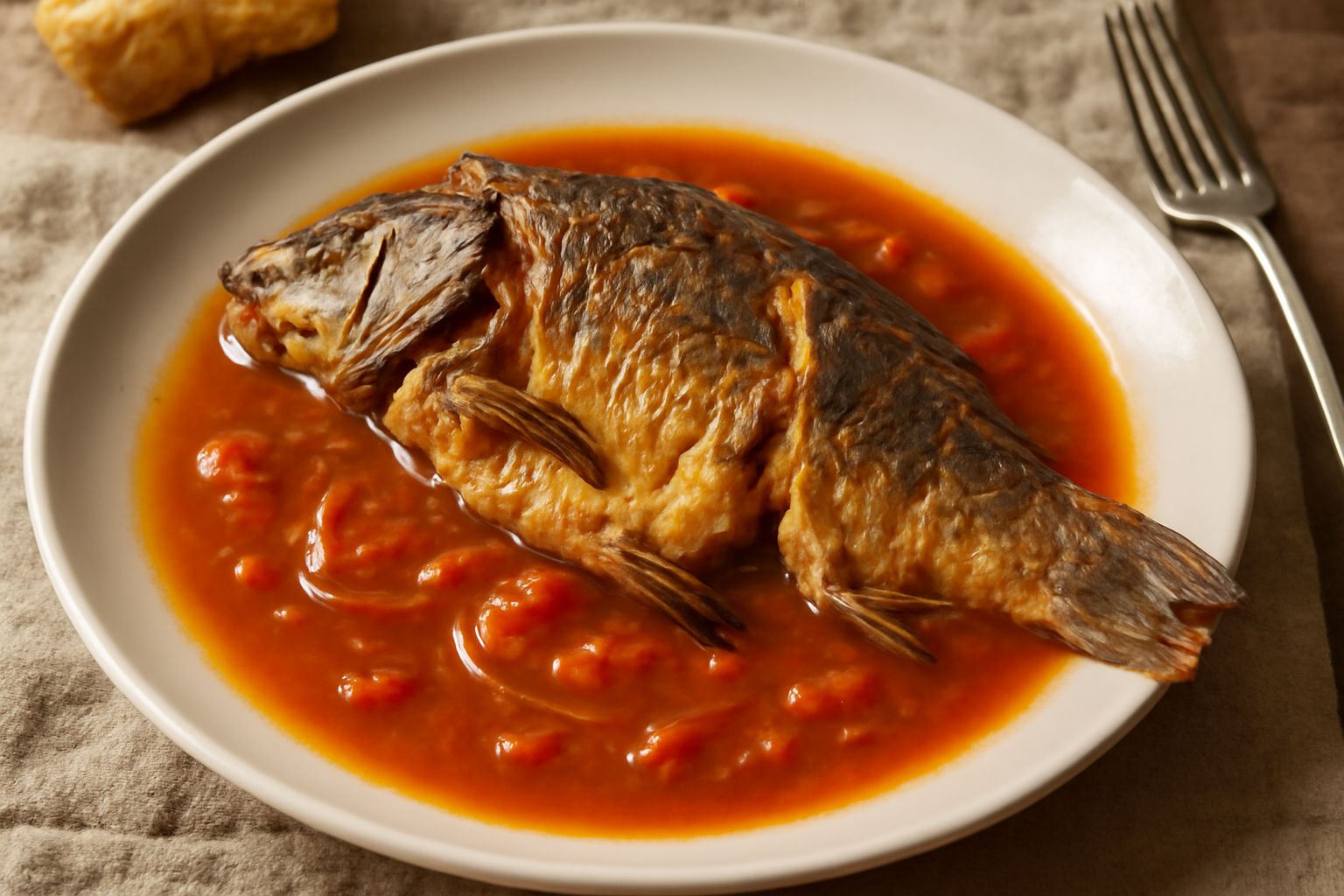 Carpa intera cotta in brodetto rosso-arancio con pomodori e aglio, servita in un piatto fondo bianco, guarnita con prezzemolo fresco tritato