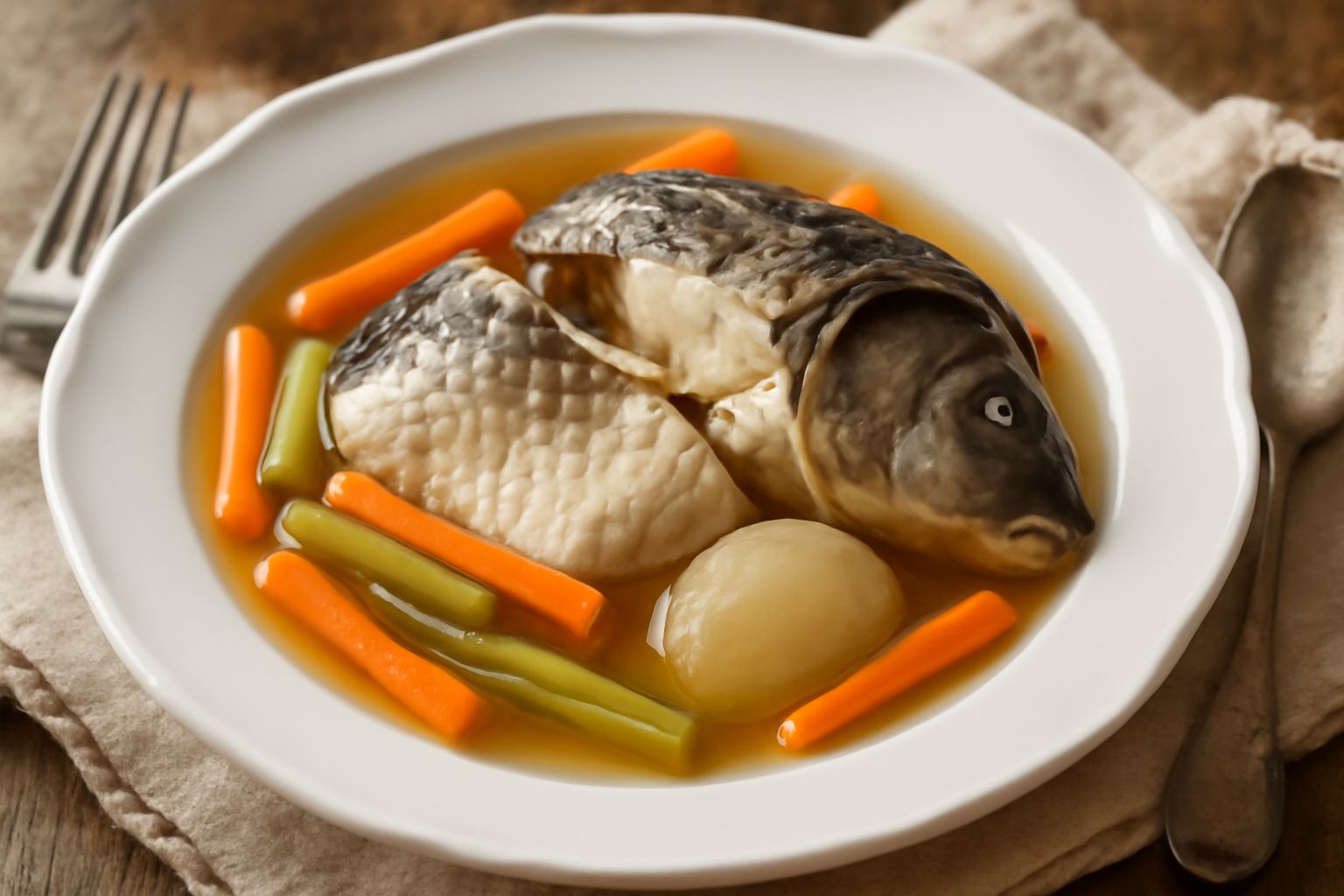 Ciotola di ceramica bianca con carpa intera cotta in brodo trasparente, circondata da carote tagliate, sedano e cipolla. Brodo che copre il pesce a metà, erbe aromatiche verdi sulla superficie, cucchi