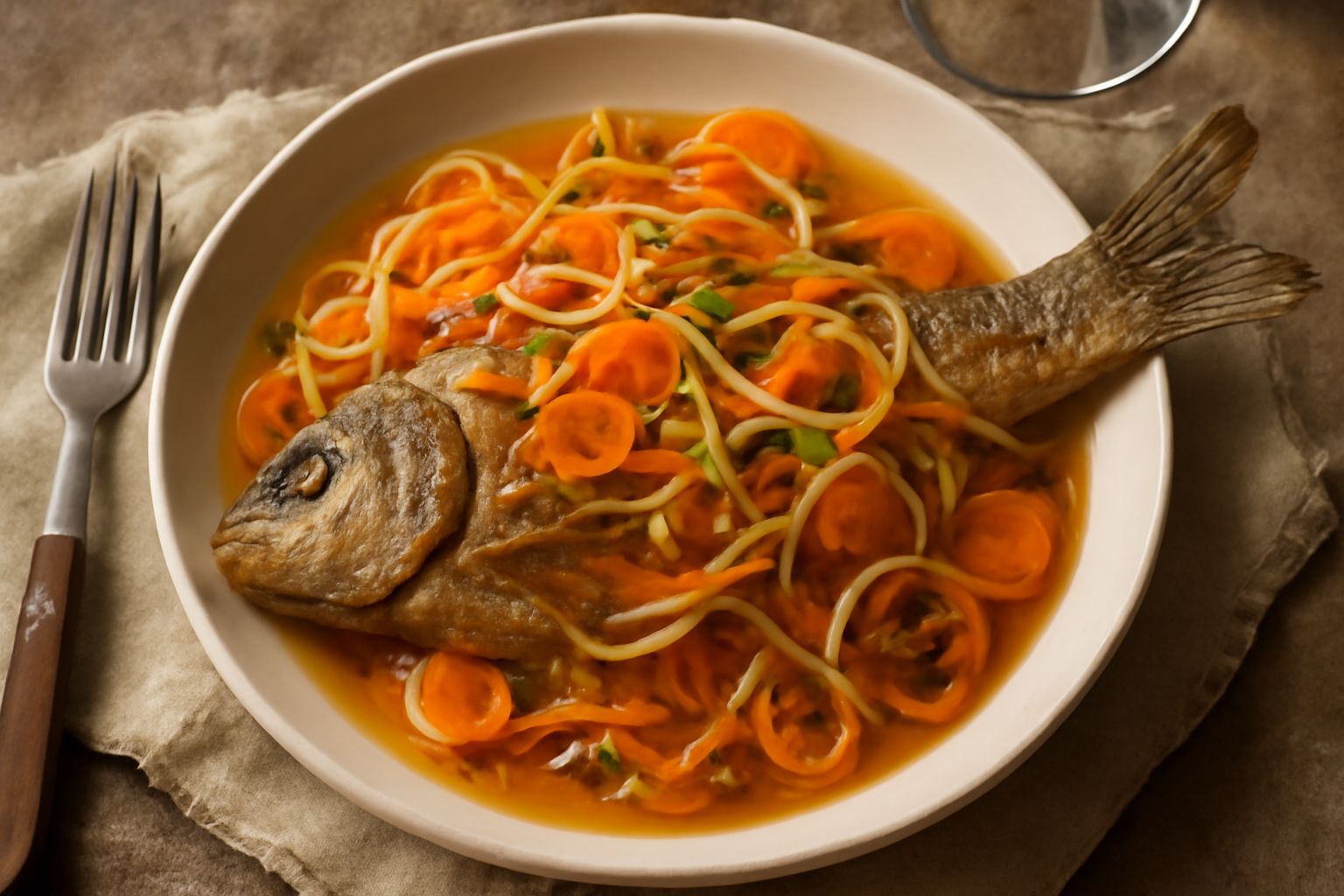 Carpa intera fritta dorata su un piatto bianco, coperta parzialmente da una salsa marrone chiaro con cipolla affettata sottile, carota e rosmarino sparso, in una composizione elegante che mostra la co