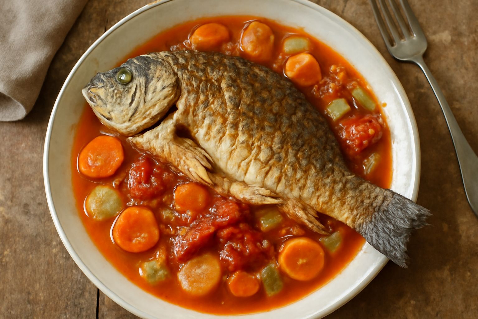 Carpa cotta in umido nel suo fondo di pomodoro e verdure, con filetto tenero color bianco avorio, contorno di carote tagliate a rondelle, cipolla trasparente, presentata in piatto fondo bianco con bro