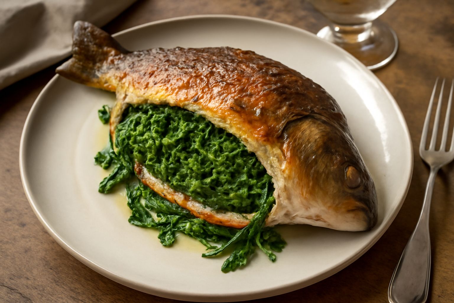 Una carpa intera dorata al forno, ventre aperto e riempito di erbette verdi, su un piatto bianco con contorno di limone affettato e erbe fresche attorno