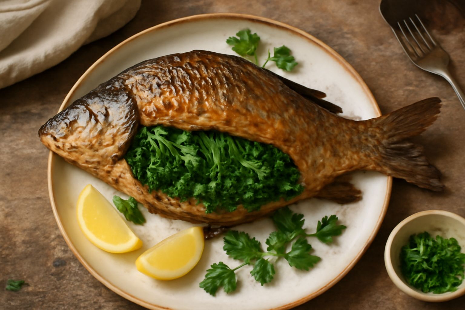 Una carpa intera arrosto dorata, con il ventre aperto che mostra il ripieno verde di erbe aromatiche fresche, servita in un piatto bianco con limone e prezzemolo