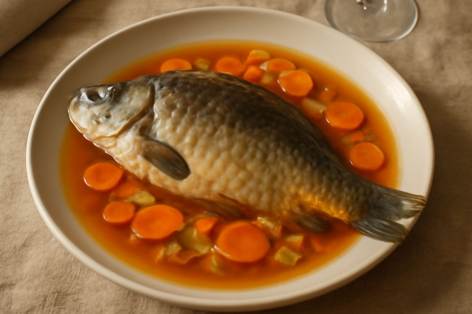 Carpa stufata intera in umido su piatto bianco, circondata da verdure di carote e cipolle cotte, brodo scuro, guarnita con prezzemolo fresco verde