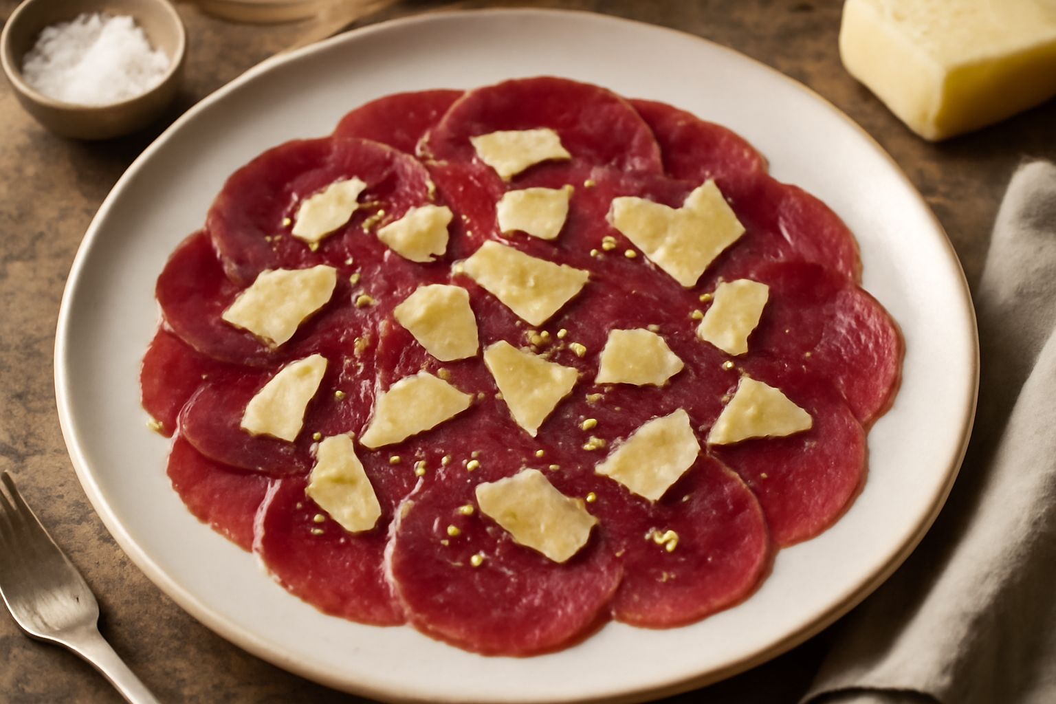 Piatto bianco con carpaccio di capriolo: fette sottili di carne color rosso intenso, disposte in cerchio, decorate con gocce di olio verde e scaglie di parmigiano, su sfondo neutro