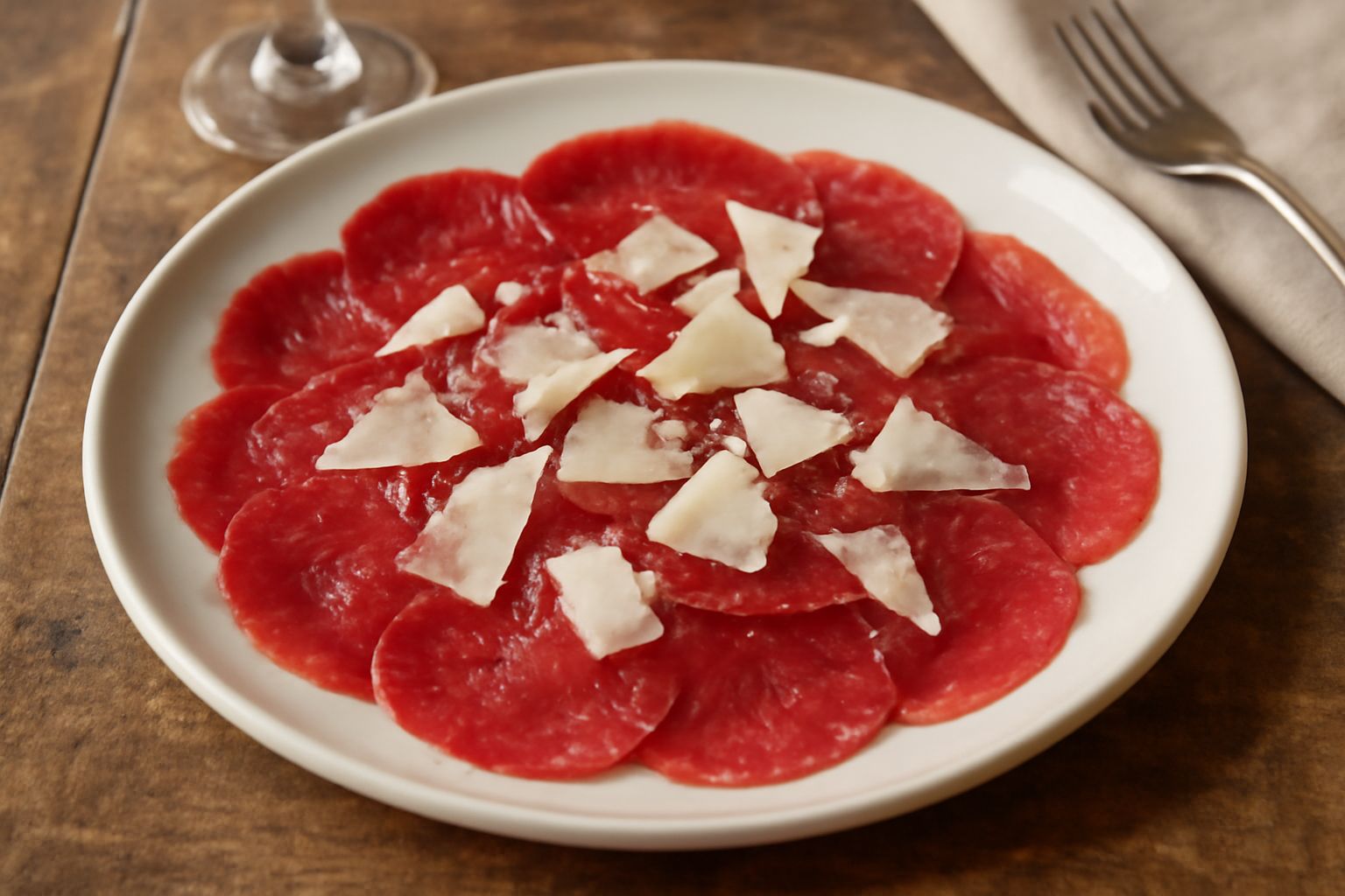 Carpaccio di carne rossa affettato finissimo, disposto a ventaglio nel piatto bianco, condito con olio extravergine, limone fresco, scaglie di parmigiano e pepe nero macinato, con qualche foglia di ru