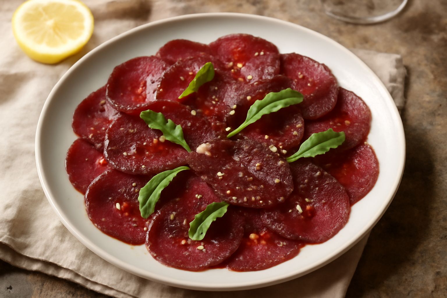 Fette sottilissime di carne salada rosso scuro disposte a raggiera su piatto bianco, condite con olio dorato e gocce di limone fresco, con cristallini di sale marino sparsi