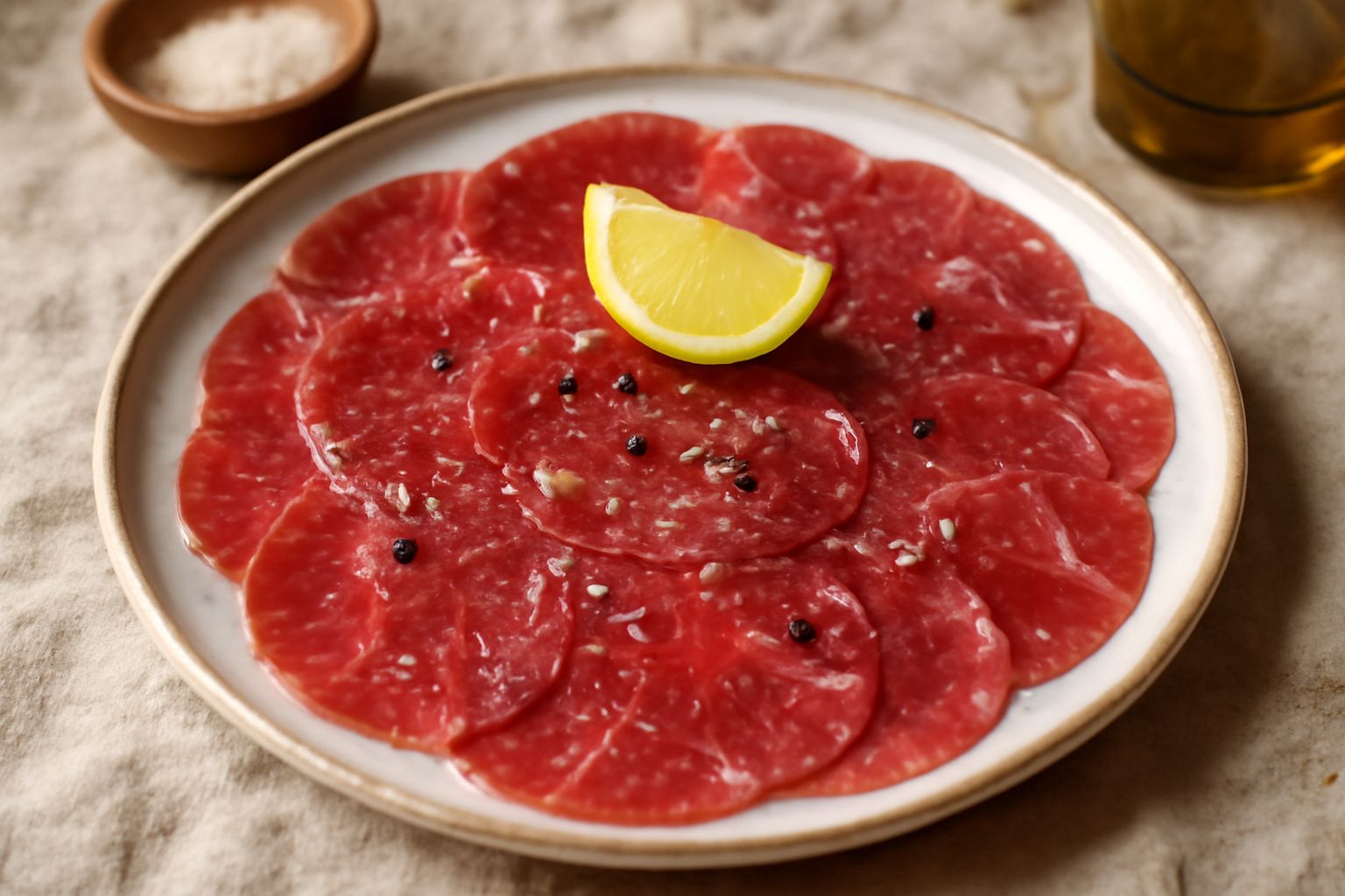 Piatto bianco con fette sottilissime di carne rosso scuro disposte in cerchi sovrapposti, cosparse di scaglie di sale marino e gocce di olio verde oliva, con un limone fresco a lato