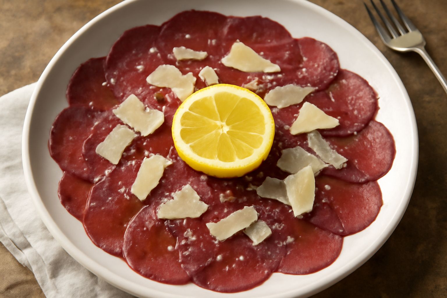 Piatto bianco con fettine sottilissime di carne rossa di cervo disposte a raggiera, condite con gocce di olio verde scuro e scaglie di sale marino, decorate con microgreens e fettine di limone fresco 