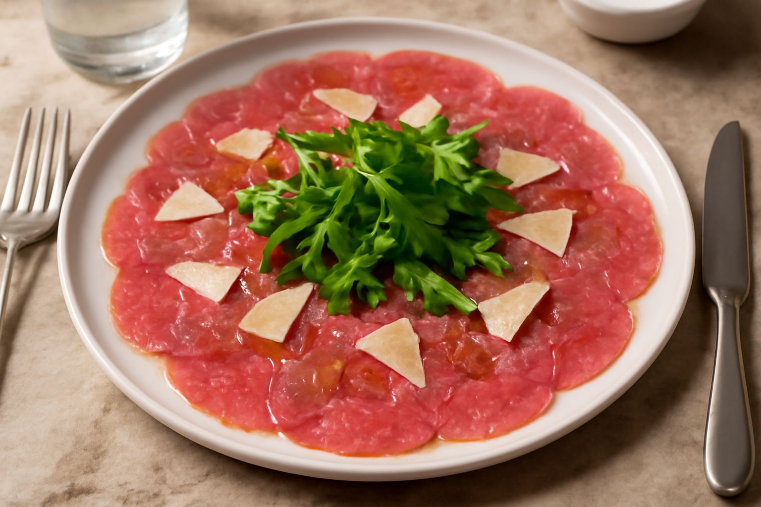 Piatto bianco con fette sottilissime e traslucide di manzo rosa pallido, coperte di olio extravergine lucido, scaglie di parmigiano e gocce di limone fresco, decorato con rucola verde
