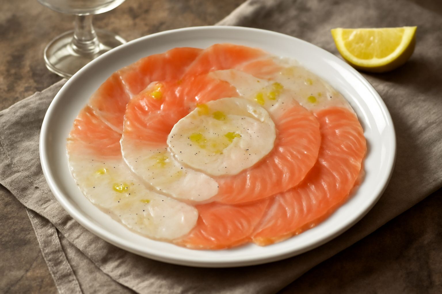 Piatto bianco con fette sottilissime di pesce salmone disposto in cerchio, condito con gocce di olio extravergine, qualche goccia di limone fresco, sale marino e pepe, con microgreens verdi sparse sop