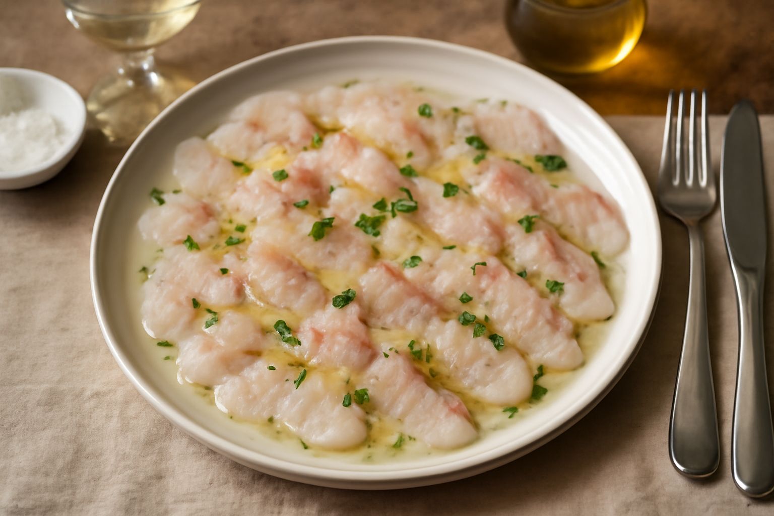 Piatto bianco con fette sottilissime di pesce persico crudo di color bianco rosato, condite con gocce di olio d'oliva verde, sottili spicchi di limone giallo e un pizzico di sale grosso sparso