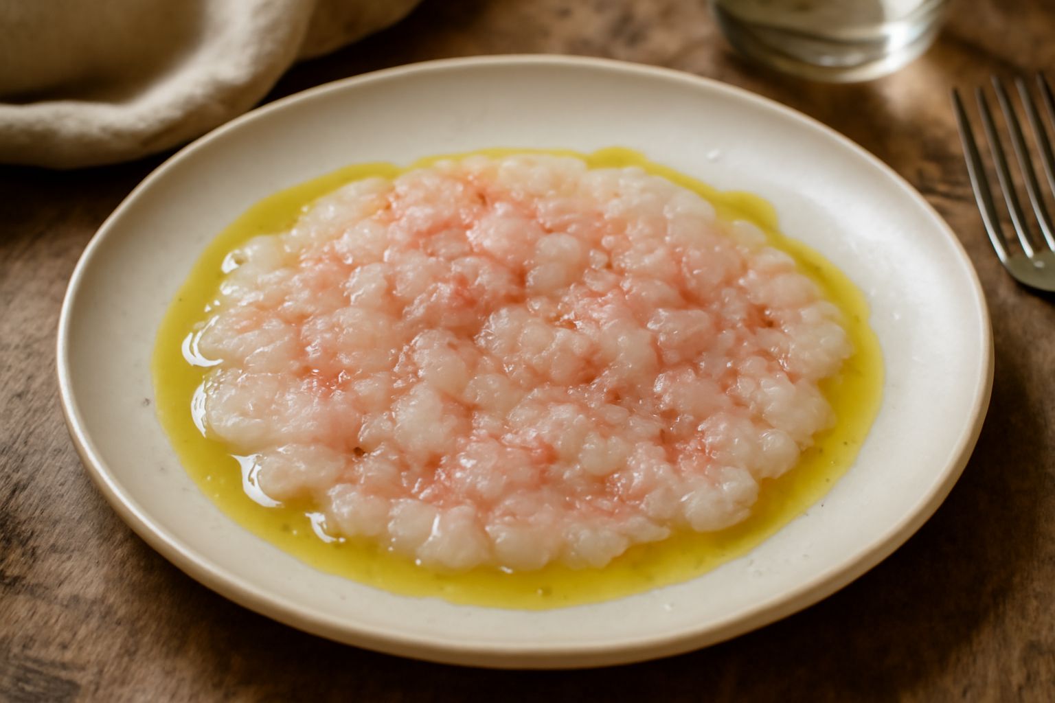 Scampi affettati finissimi disposti a raggiera su piatto bianco, bagnati di olio dorato, decorati con foglie di prezzemolo fresco verde e gocce di limone giallo