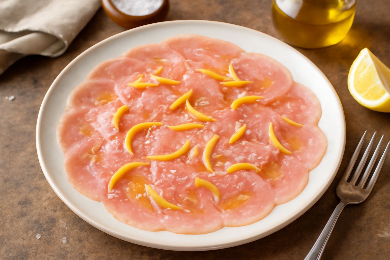 Carpaccio di vitello: fette sottilissime di carne rosa pallido disposte a ventaglio nel piatto bianco, condite con gocce di olio dorato, scaglie di sale grosso e fettine di limone giallo; sfondo neutr