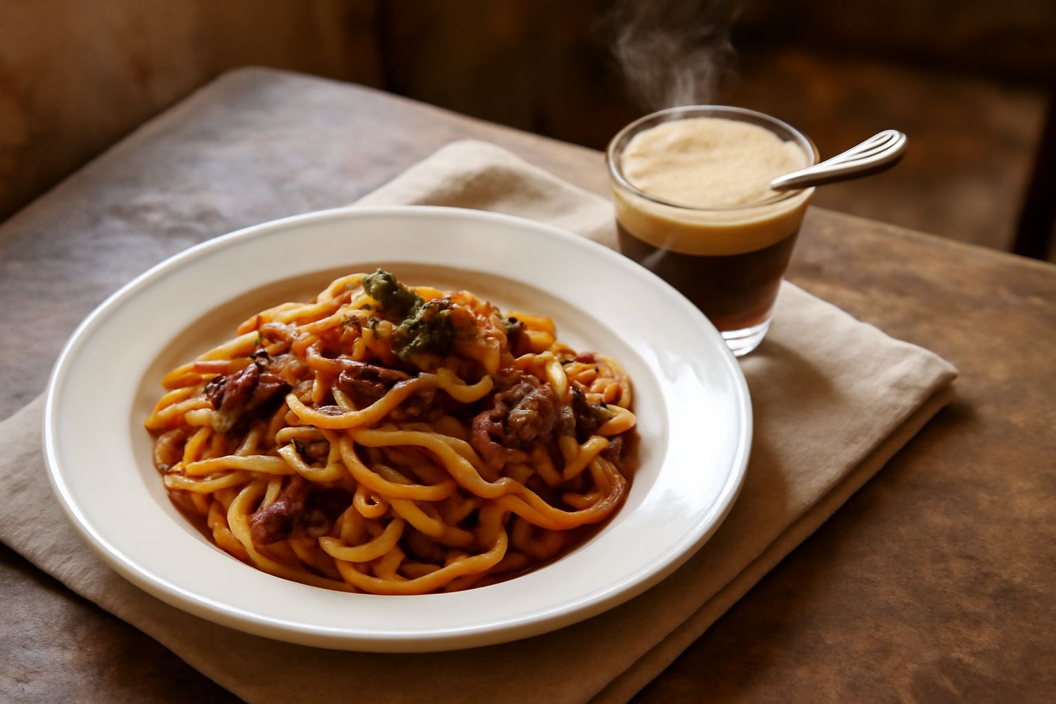 Bicchiere di Carpano mantecato con caffè espresso caldo, schiuma beige in superficie, seduto su tavolo di legno scuro con chicchi di caffè sparsi intorno