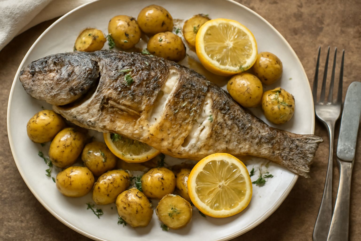 Due carpe intere dorate al forno su un letto di limone affettato e prezzemolo fresco, pelle croccante e occhio lucido, contorno di zucchine grigliate in bianco e blu