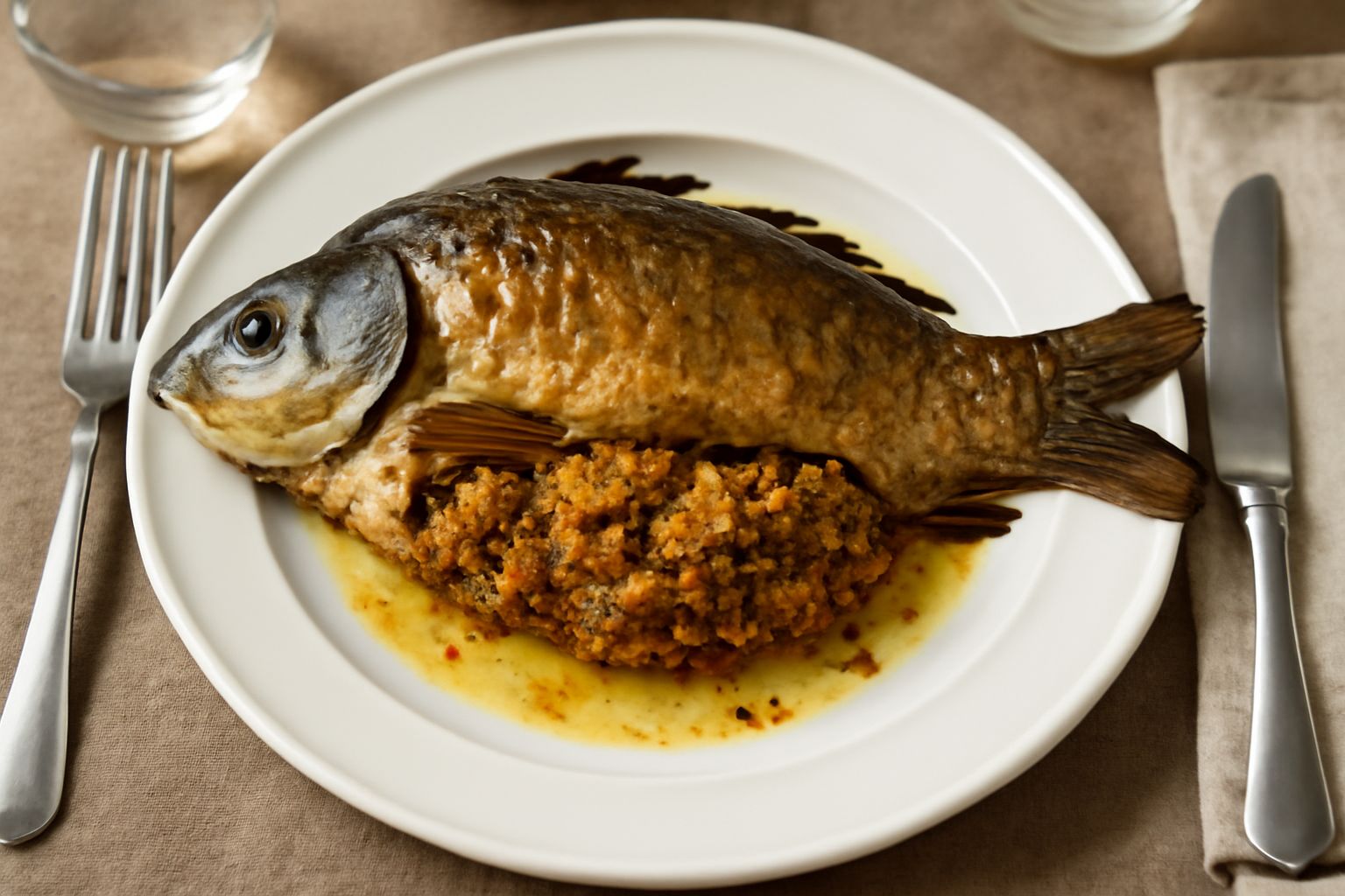 Carpa intera riempita con verdure e erbe aromatiche, dorata al forno, servita su un piatto bianco con limone e prezzemolo fresco