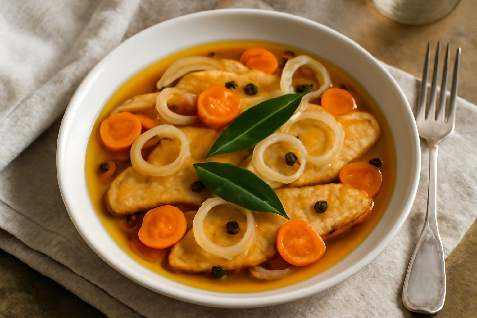 Piatto di carpione con filetti di pesce dorati disposti in fila, ricoperti da una marinata trasparente color ambra con carote tagliate a rondelle, cipolla bianca e spezie sparse, servito in un piatto 