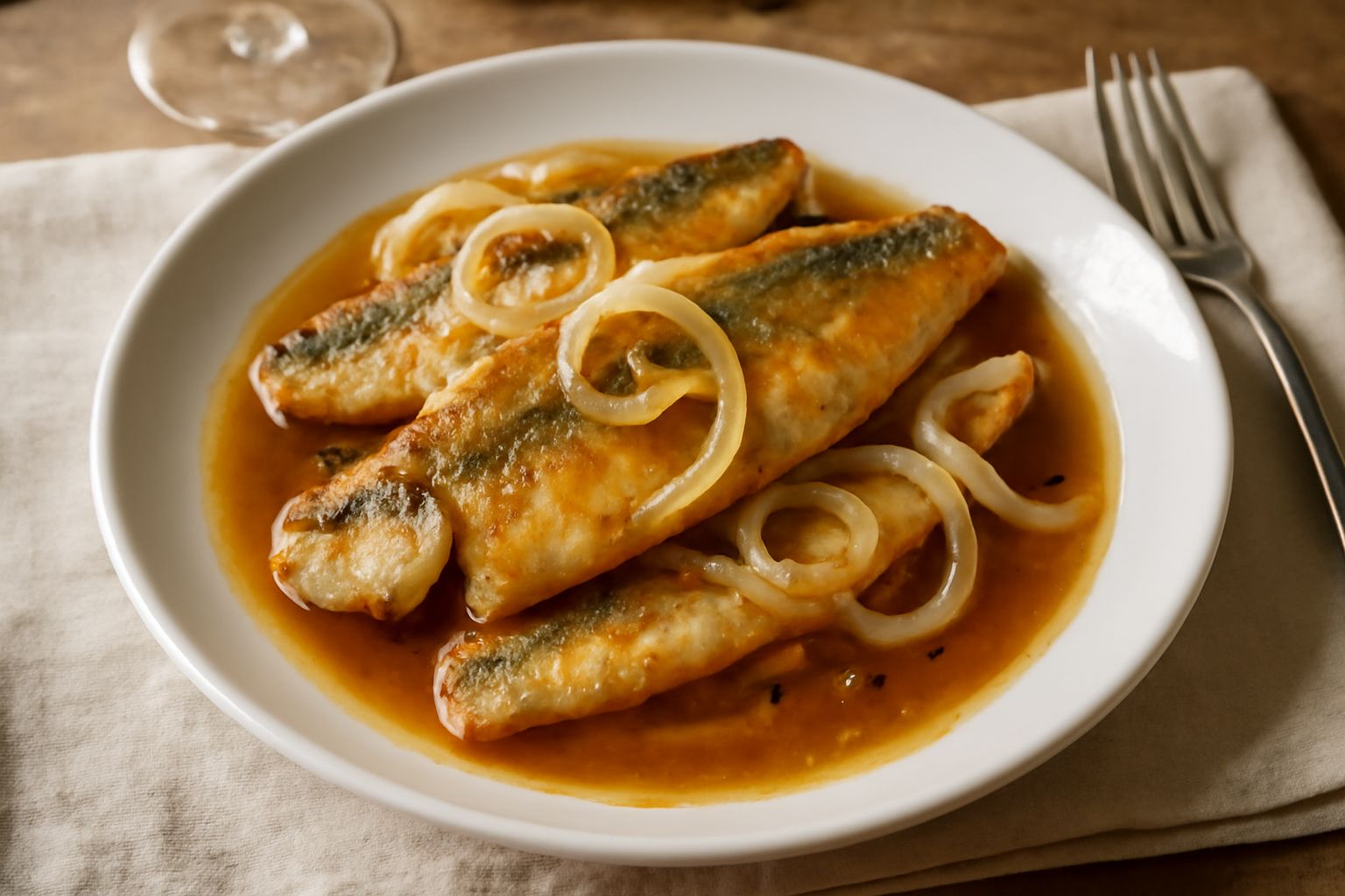 Filetti di carpione dorati in salsa agrodolce marrone con cipolla bianca affettata sottile, serviti in piatto bianco con contorno di verdure cotte