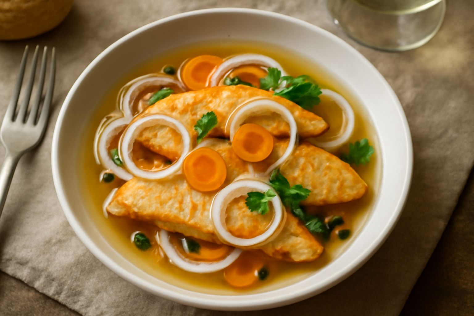 Filetti di pesce dorato in carpione, trasparenti di olio, ricoperti di sottili fettine di cipolla bianca e carota arancione, con una foglia di prezzemolo verde sulla parte superiore, in un piatto fond