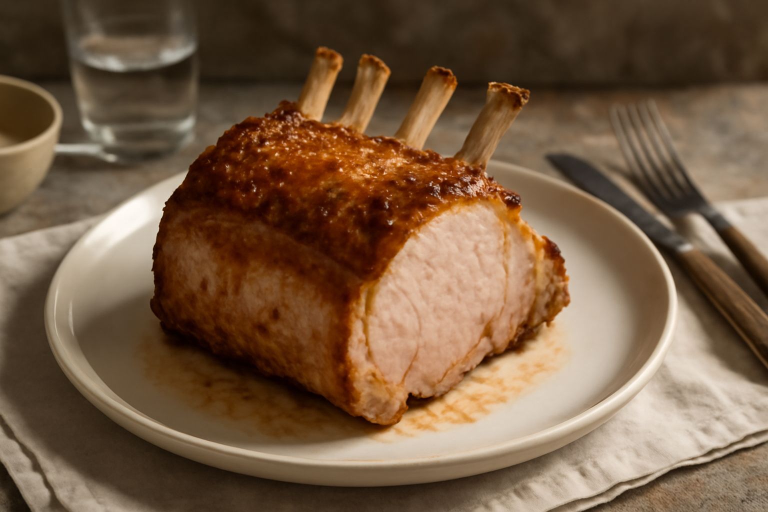Un carrè di maiale dorato e affettato su un piatto bianco, circonato da rosmarino fresco, contorno di patate al forno e salsa marrone scura, vapore leggero ancora visibile sulla superficie della carne
