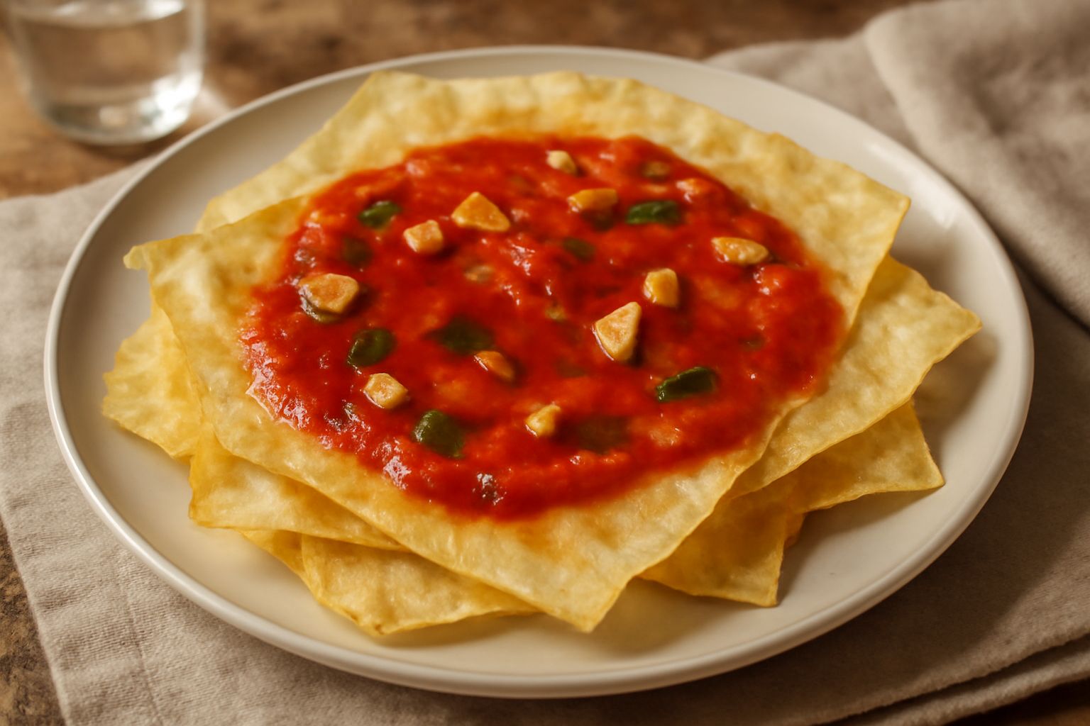 Foglie di carta da musica dorate e croccanti condite con salsa di pomodoro rosso vivo, aglio e prezzemolo fresco, servite su un piatto bianco con olio d'oliva lucido in superficie