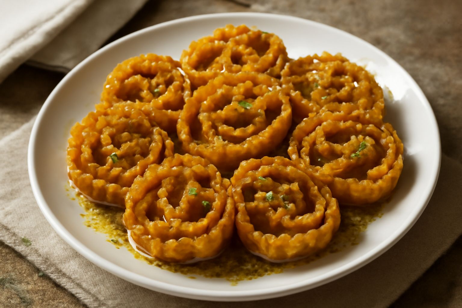 Cartellate dorate a forma di rosa, ricoperte di miele brillante e granella di pistacchio verde, disposte su un piatto bianco con gocce di miele intorno