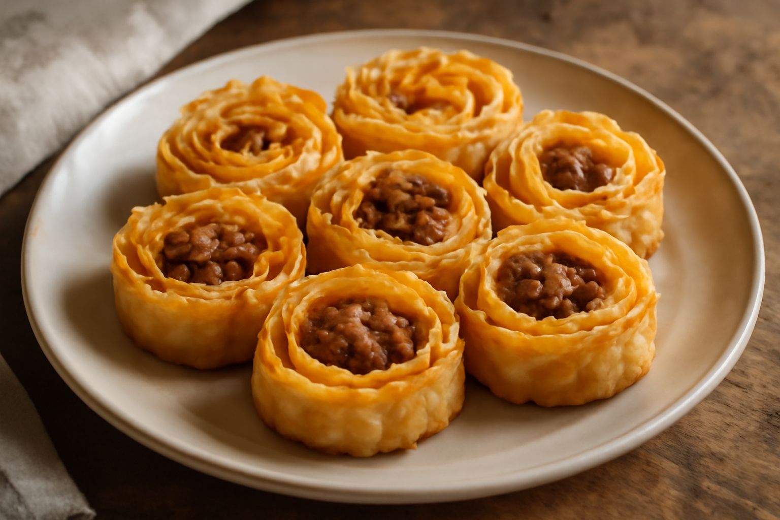 Cartellate salate dorate e croccanti disposte nel piatto, mostrano la pasta fritta dorata con ragù di carne visibile nei ripiegamenti, condite con formaggio grattugiato e prezzemolo fresco