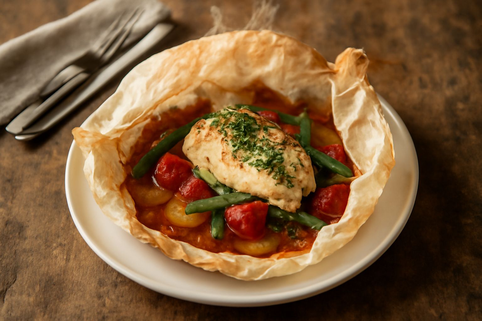 Cartoccio di carta da forno appena aperto con filet di branzino, zucchine sottili, pomodori e basilico fresco, vapore ancora visibile, impiattato su piatto bianco