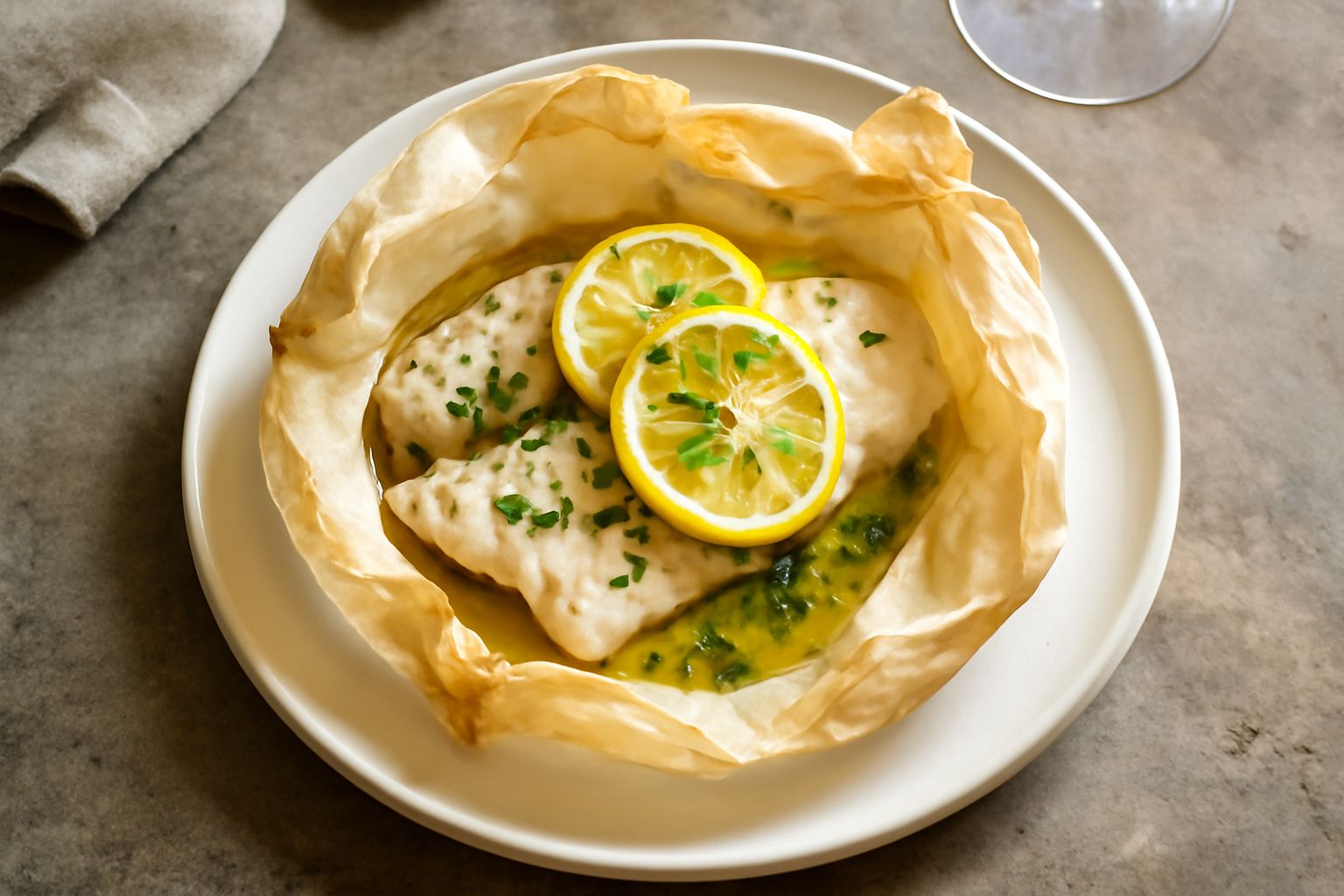 Cartoccio aperto con branzino cotto, zucchine e pomodori in vapore su carta forno bianca, con agrumi freschi sparsi intorno