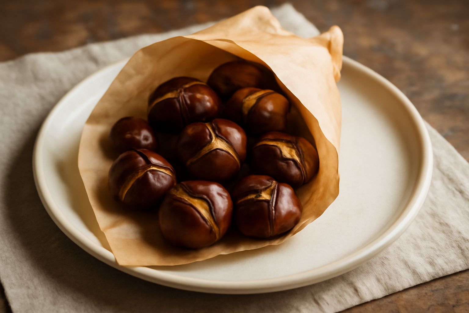 Cartoccio di carta marrone aperto con castagne arrosto dorate e leggermente spaccate, calore che sale dalla carta, sfondo scuro da forno