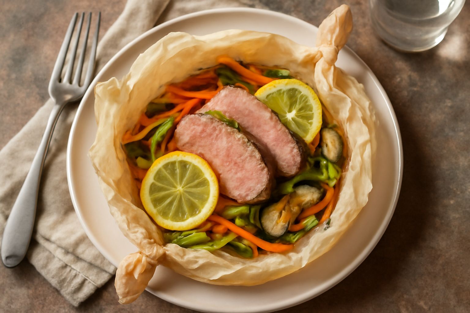 Cartoccio di vitello appena aperto, con fette di vitello rosato circondate da zucchine e melanzane tagliate a bastoncini, con una spruzzata di prezzemolo fresco e limone, su un piatto bianco