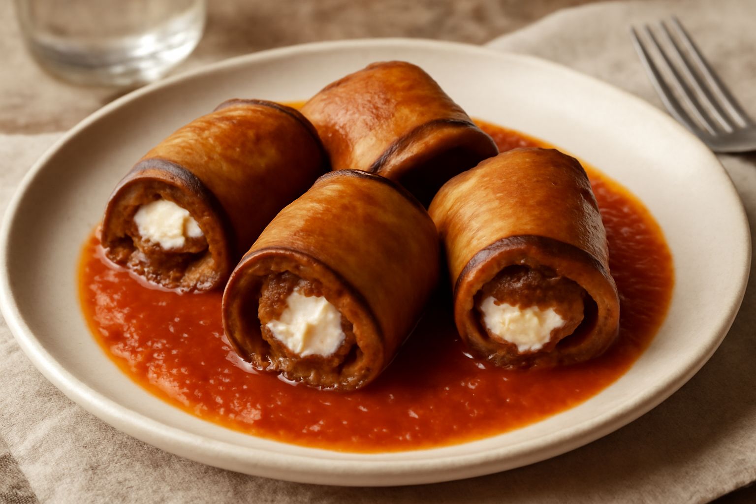 Quattro cartucce di melanzane dorate dorate, arrotolate su se stesse, disposte su un piatto bianco con sugo di pomodoro rosso intorno e basilico fresco verde sulla cima