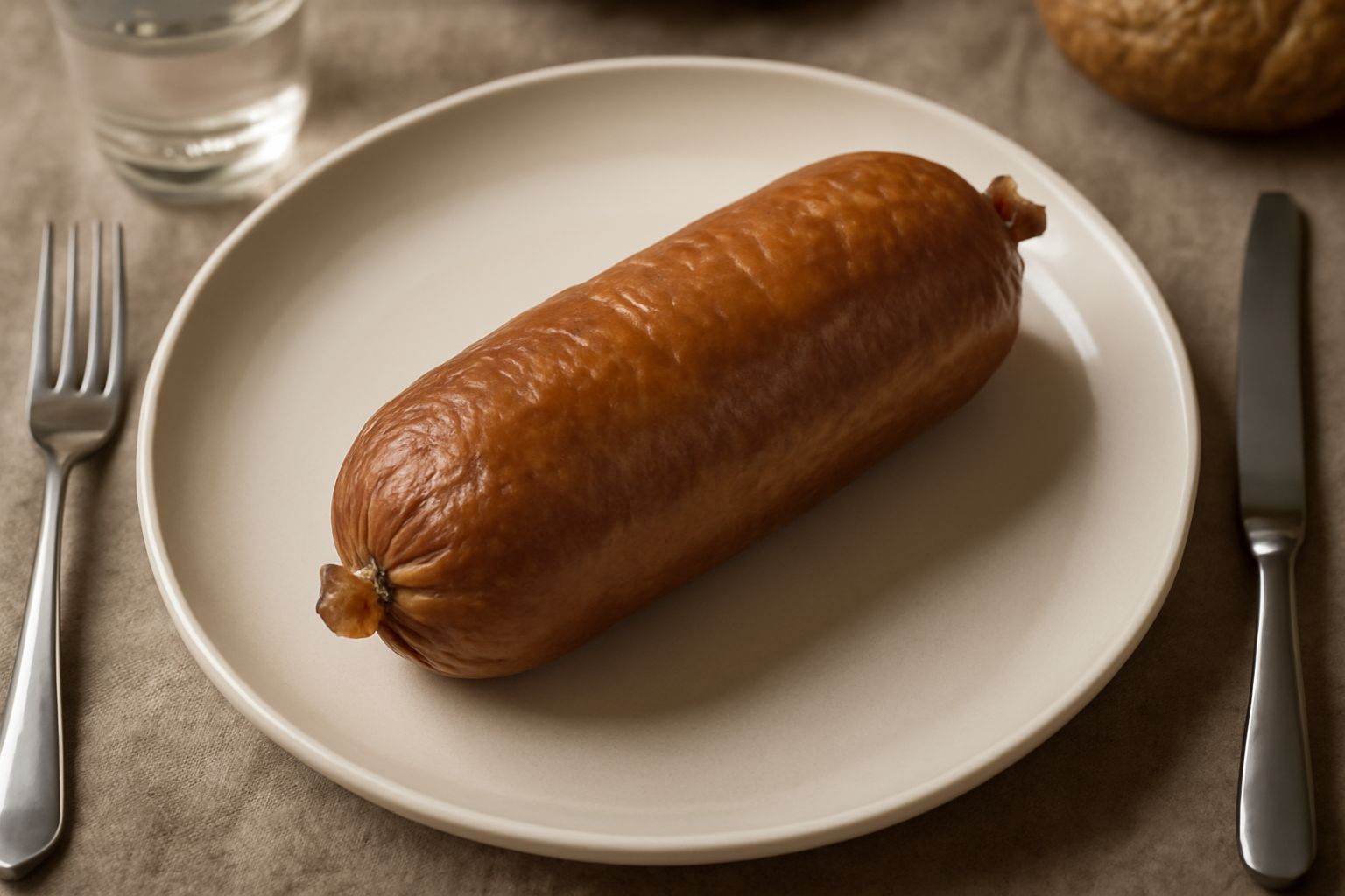 Tre cartucce di carne crude su tagliere di legno, con colore marrone chiaro e budello naturale visibile, accanto a rametto di rosmarino fresco e aglio spicchi