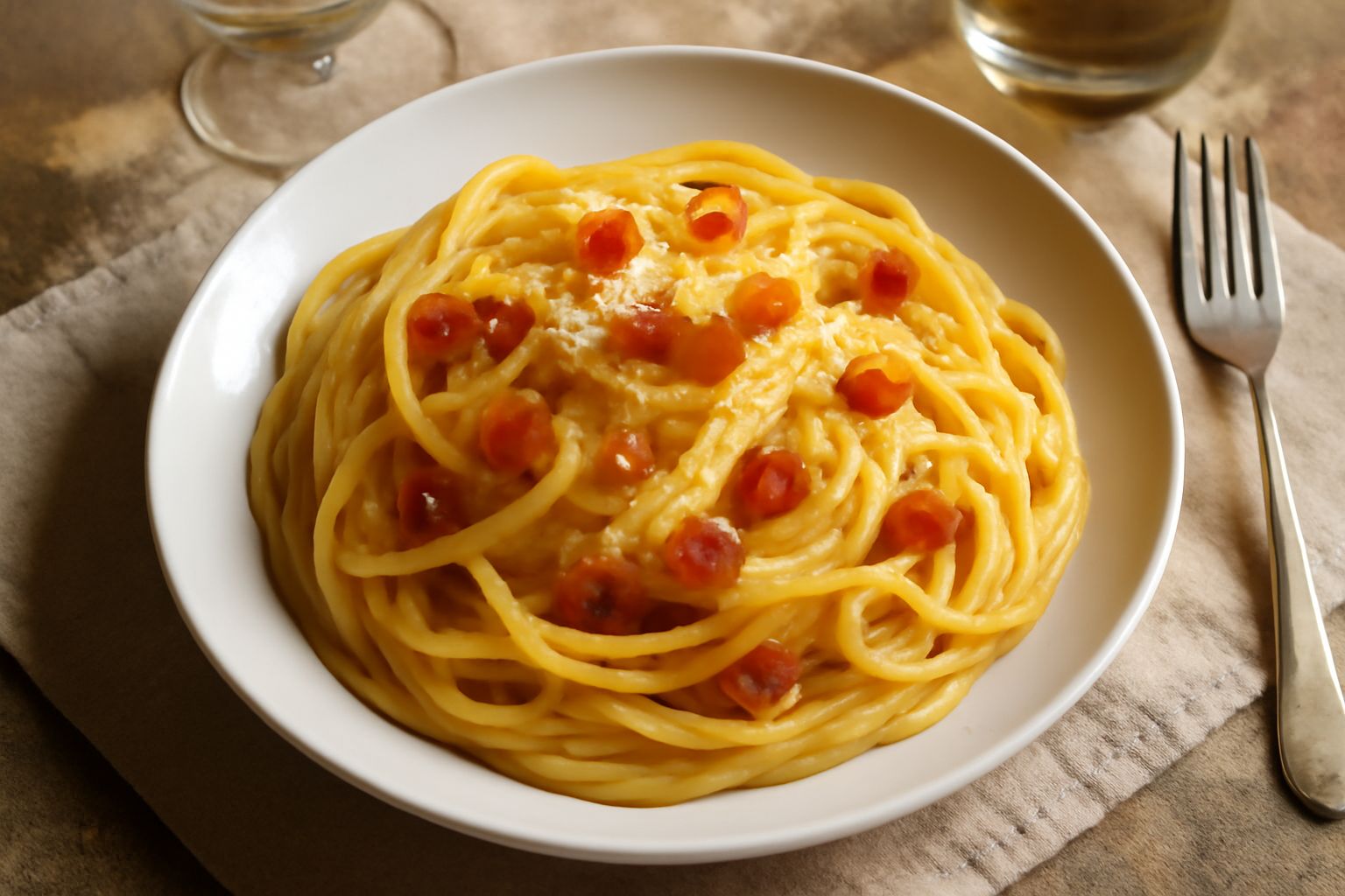 Piatto di casada con pasta gialla cremosa, visibili pezzi di pancetta dorata, formaggio grattugiato, servito in un piatto bianco con forchetta