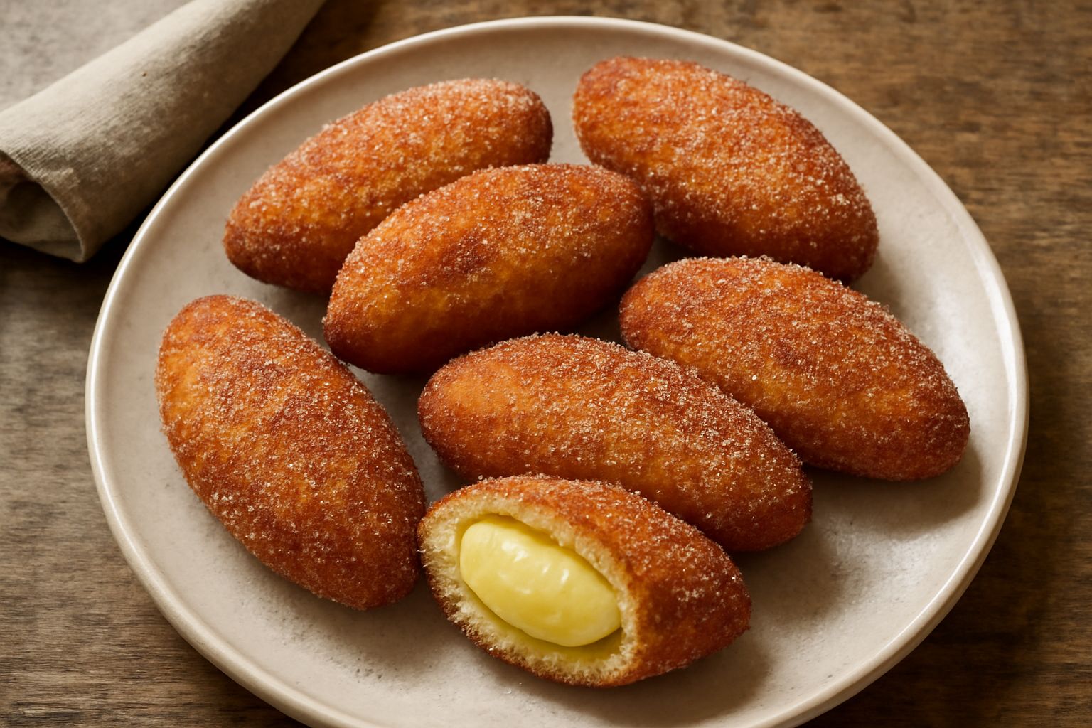 Casadas dorate e croccanti su piatto bianco, ricoperte di zucchero semolato, tagliate a metà per mostrare il ripieno di crema pasticcera gialla cremosa, sfondo sfocato neutro