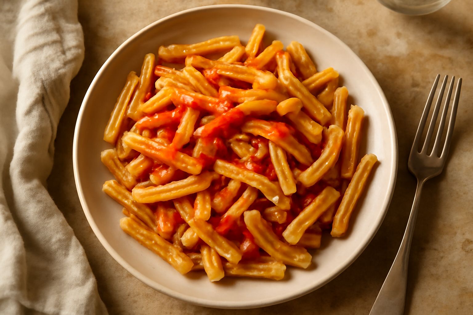 Piatto di casarecce piene di sugo di pomodoro fresco, con basilico verde e parmigiano grattato, servite in ciotola bianca su tovaglia a quadri