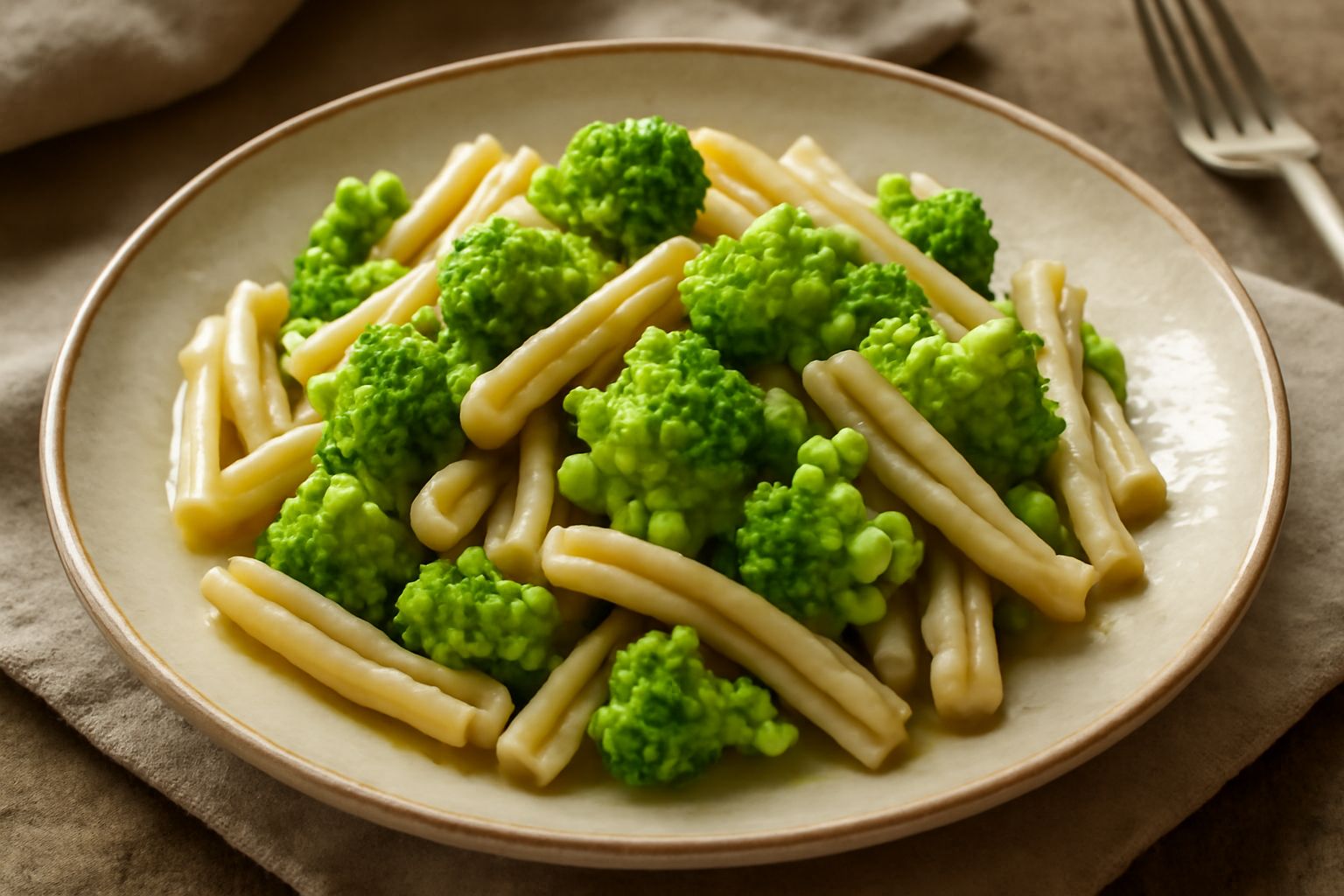 Casarecce ai broccoli romaneschi servite in un piatto bianco, pasta attorcigliata con crocchie verdi brillanti, gocce di olio extravergine, spicchi d'aglio visibili, pepe nero macinato fresco